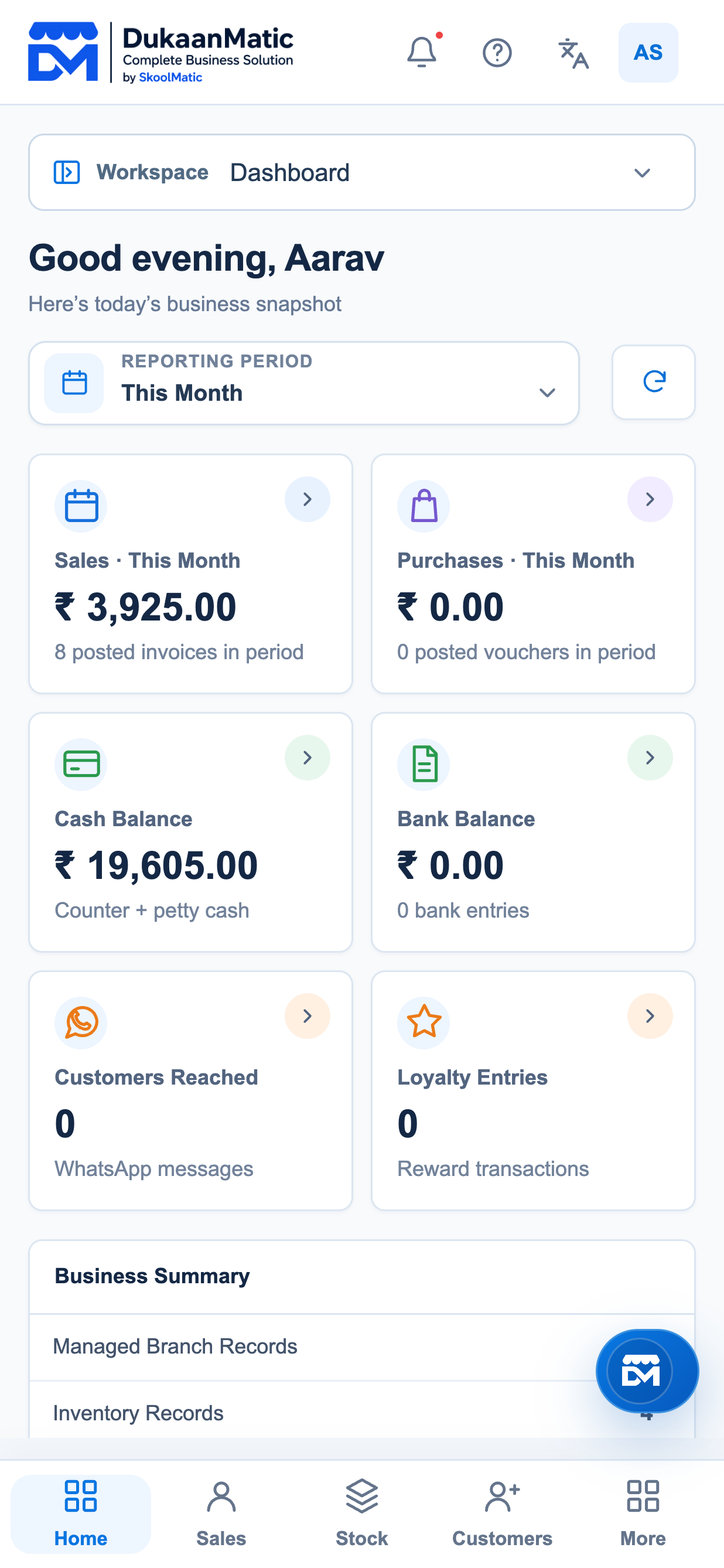 DukaanMatic mobile dashboard with sample sales, cash and stock information